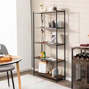 Estante alta com 5 níveis de armazenamento Estrutura metálica para escritório Sala Quarto Cozinha 80 x 29 x 154 cm Castanho Rústico + Preto