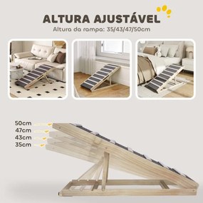 Rampa Dobrável para Cães com Altura Ajustável 35-50 cm e Tapete Antiderrapante 100x50x50 cm Madeira e Cinza