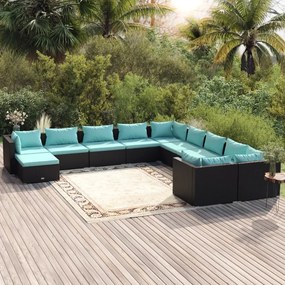 vidaXL 11 pcs conjunto lounge de jardim c/ almofadões vime PE preto