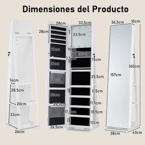 Armário giratório de 360° para joias com espelho de corpo inteiro 43 x 38 x 160 cm e prateleiras Espelho de maquilhagem Branco