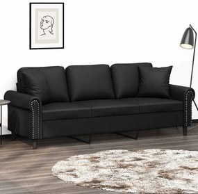 vidaXL Sofá 3 lugares c/ almofadas/almofadões 180cm couro artif. preto