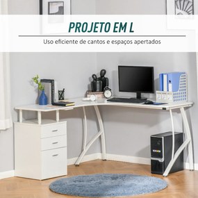 Mesa de canto para computador Mesa em formato de L com 3 gavetas Mesa moderna para escritório 143,5x143,5x76 cm Branco