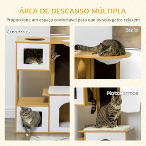 Arranhador para Gatos Altura 92,5cm Torre para Gatos com 3 Casas de Madeira Almofadas Laváveis Placa de Arranhar e Rede 76x37x92,5cm Carvalho