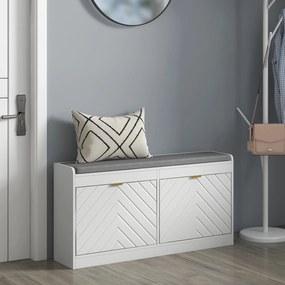 Banco para sapatos, banco com arrumação 106 x 24 x 52,5 cm, assento almofadado, gaveta rebatível, porta com padrão , branco