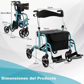 Andador rolante multiuso em alumínio 2 em 1 com altura regulável para idosos com carga de 136 kg Azul