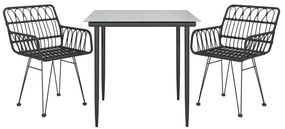 3 pcs conjunto de jantar para jardim vime PE preto
