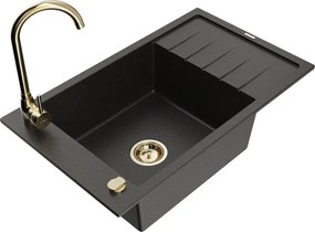 Mexen Elias lava-loiças de granito de uma bacia com escorredor e torneira de cozinha Telma, preto/dourado - 6511-75-670200-50