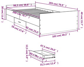 Estrutura de cama c/ gavetas derivados madeira cinza sonoma