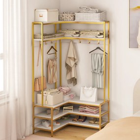 Guarda roupa aberto, móvel entrada de canto com prateleiras abertas e ganchos Banco para sapatos Estrutura metálica sólida 90 x 90 x 178 cm Branco