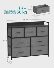 Cómoda 7 gavetas em tecido 28,5 x 98 x 85 cm Cinzento e Preto