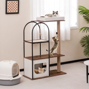 Arranhador para gatos de 118 cm com estrutura metálica Posto de arranhar de juta Tábua de sisal Bola de sisal Centro de actividades suspenso para gato