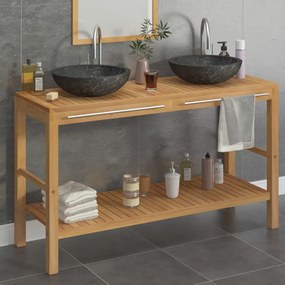 vidaXL Armário de casa de banho teca maciça + lavatórios mármore preto