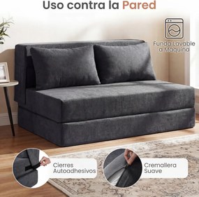 Sofá-cama futon dobrável grande 3 em 1 com 2 almofadas, tecido de chenille , para sala, quarto ou escritório cinzento
