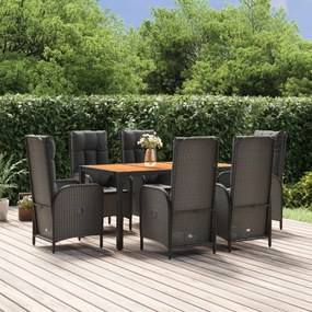 vidaXL 7 pcs conjunto de jantar p/ jardim c/ almofadões vime PE preto