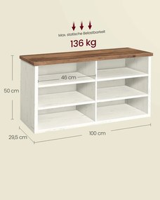 Banco sapateira 29,5 x 100 x 50 cm com espaço de arrumação e prateleiras ajustáveis branco vintage-castanho mel