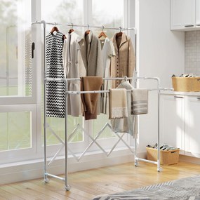 Estendal Vertical Dobrável de 3 Níveis Estendal de Aço Inoxidável com 3 Barras Ajustáveis e Extensíveis 4 Rodas 104-150x103x145-197 cm Prateado