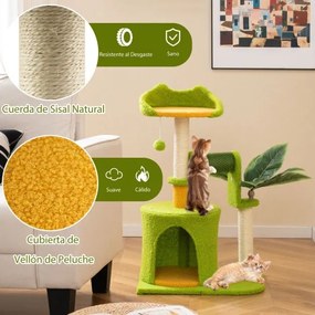 Árvore para gatos em forma de palmeira com folhas artificiais, postes de sisal, escova com pompons verde e laranja