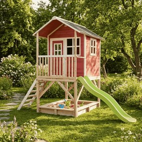 Casa de brincar infantil exterior para crianças Loft 500 em madeira com escorrega e caixa areia - Vermelha
