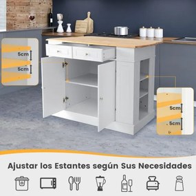 Ilha de cozinha com arrumação 120 x 61 x 92 cm Bancada de madeira Gavetas Prateleiras laterais 2 portas e 3 níveis de prateleiras ajustáveis Branco