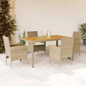vidaXL 5 pcs conjunto jantar jardim c/ almofadões vime PE/acácia bege
