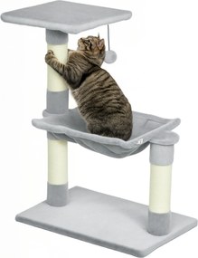 Arranhador para gatos com 3 arranhadores de sisal natural, plataforma, rede e bola suspensa, 50 x 26 x 70 cm, cinzento