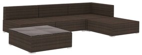 5 pcs conjunto lounge jardim c/ almofadões vime PE castanho