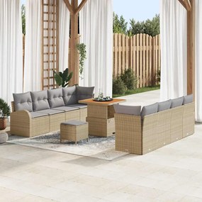 vidaXL Conjunto de Sofá de Jardim com Almofadas Bege Rattan e Acácia