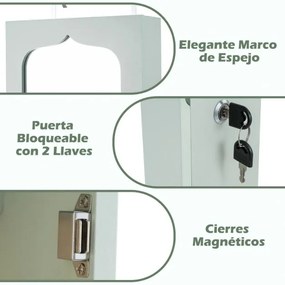 Armário para joias com espelho, iluminação LED 36,5 x 11,5 x 120 cm, fechadura para montar na porta e na parede, Verde