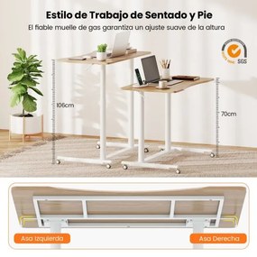 Secretária com altura ajustável em C 95 x 52 x 70-106 cm com rodas bloqueáveis e estrutura metálica para escritório Natural
