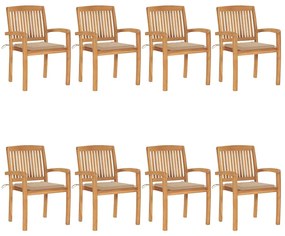 vidaXL Cadeiras de jardim empiháveis c/ almofadões 8 pcs teca maciça
