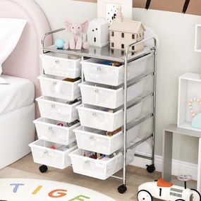 Carrinho móvel multiusos com 10 gavetas organizador multiusos com rodas 65,5 x 37 x 87 cm - transparente
