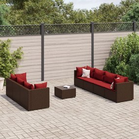 8 pcs conjunto lounge jardim c/ almofadões vime PE castanho