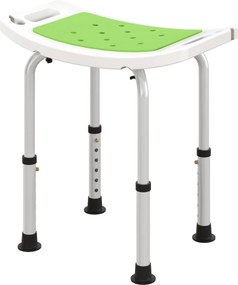 Assento de duche ajustável em altura; pés antiderrapantes; carga máxima de 135 kg; alumínio e HDPE; verde