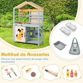 Cozinha de brincar de madeira 2 em 1 para exterior com lava-loiça de mercearia de ardósia de dupla face para crianças Cinzenta