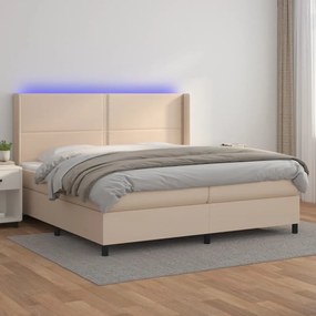 Cama box spring c/colchão/LED 200x200cm couro artif. cappuccino