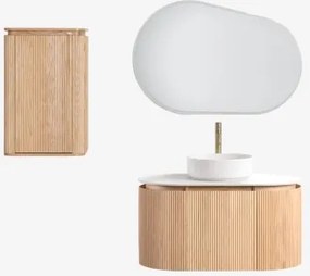 Conjunto De Móvel De Casa De Banho Suspenso 90x50 Cm Em Madeira Carsone Madeira Natural & Madeira Natural & Cerâmica Redonda Branca Ø40 - Sklum