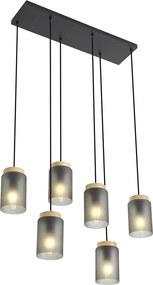 Moderne hanglamp zwart met hout en mat grijs glas 6-lichts - Umbra