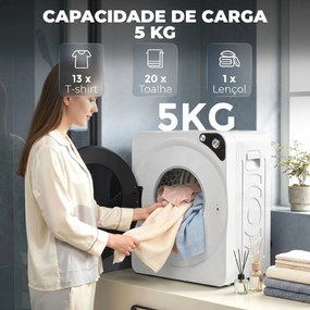 Máquina de Secar Roupa Compacta 5 kg 1000W com 5 Modos de Secagem Tambor em Aço Inoxidável Branco