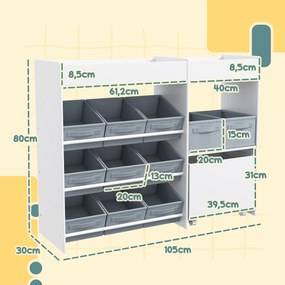 Estante para brinquedos infantis e livros 105 x 30 x 80 cm, com 11 caixas de arrumação em tecido não tecido, branca e cinza