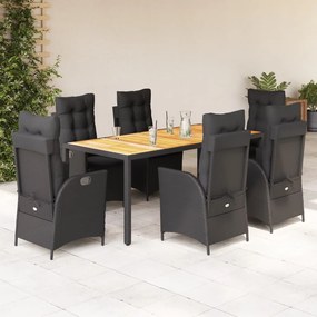7 pcs conjunto de jantar p/ jardim c/ almofadões vime PE preto