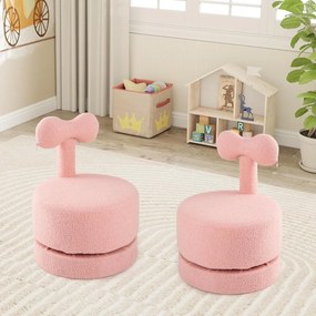 Conjunto de 2 cadeiras giratórias infantis estofadas em veludo Teddy com encosto em forma de laço e assento acolchoado Rosa