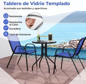 Conjunto de móveis Jardim Bistrô de 3 peças, 2 cadeiras em tecido e 1 mesa em vidro temperado azul