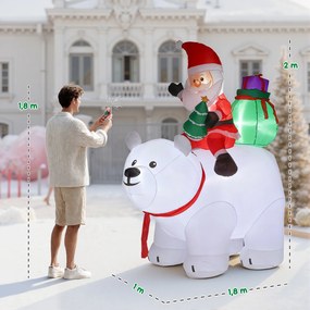 Pai Natal Insuflável Montado num Urso Polar, 180 x 100 x 200 cm, 5 Luzes LED, Branco