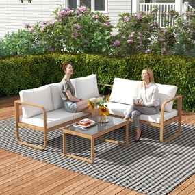 Conjunto de Jardim de 3 Peças com Sofá de 3 Lugares com Assento Ajustável Sofá de 2 Lugares e Mesa de Centro Creme