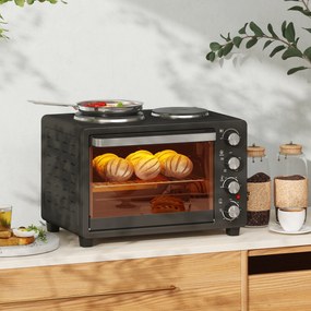 Forno Elétrico de Bancada 28L 2600W com Placas de Cozedura, Temperatura Ajustável, Temporizador e Tabuleiro, Preto