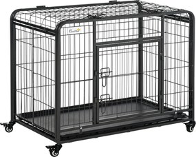 Gaiola dobrável para cães, gaiola de transporte com Rodas, 2 portas com fecho, tabuleiro removível, dim. 94 x 58 x 69,5 cm, metal cinzento-escuro