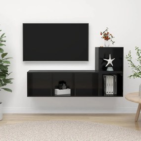 2 pcs conjunto de móveis de TV contraplacado preto brilhante