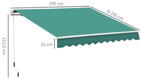 Toldo Manual Retrátil com Manivela 295x245 cm Toldo Enrolável para Janela Portas Balcão Terraço Exterior Verde