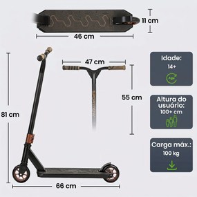 Trotinete Acrobática com Guiador 360° Rolamentos ABEC-9 Rodas de PU de 120 mm Estrutura de Alumínio 66x47x81 cm Dourado