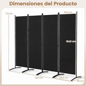 Biombo de 4 Painéis Dobrável, 224 x 52 x 173 cm, Estrutura Metálica, Preto